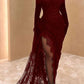 Elegant Prom Dress Lace Black Asymmetric With High Slit Gloves Burgundy Evening Dress      fg5168